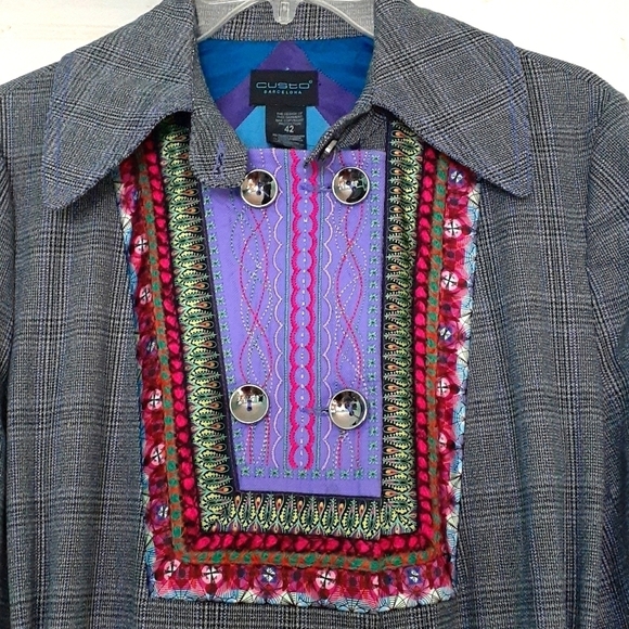 Custo Barcelona Vintage Plaid Double Breasted Belted Coat Embroidered Size 10 - Picture 5 of 16